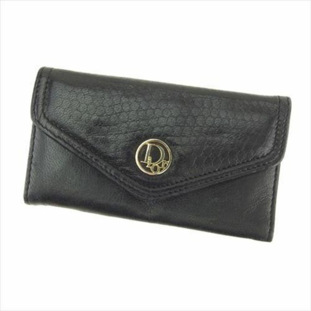AUTH Dior Key case Key holder Black Gold leather Woman unisex